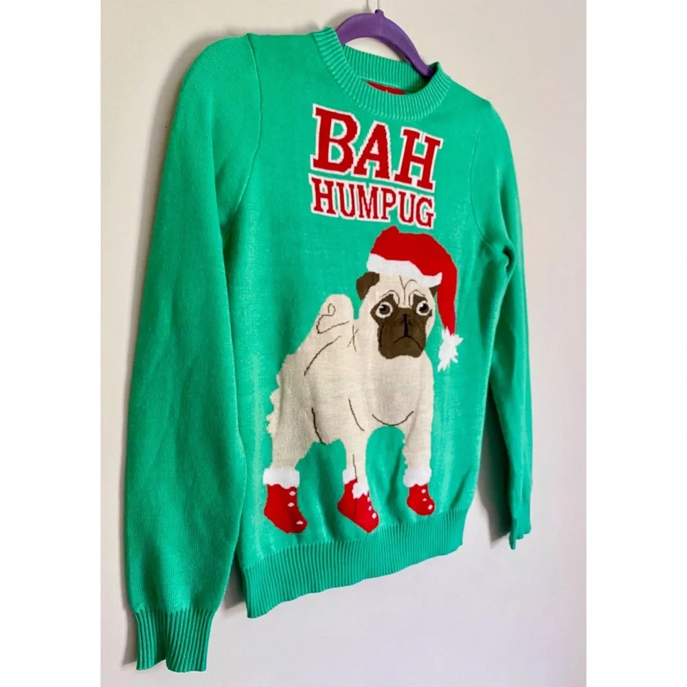 Knit Knack Bah Hum Pug Crew Neck Christmas Sweater - Picture 3 of 6